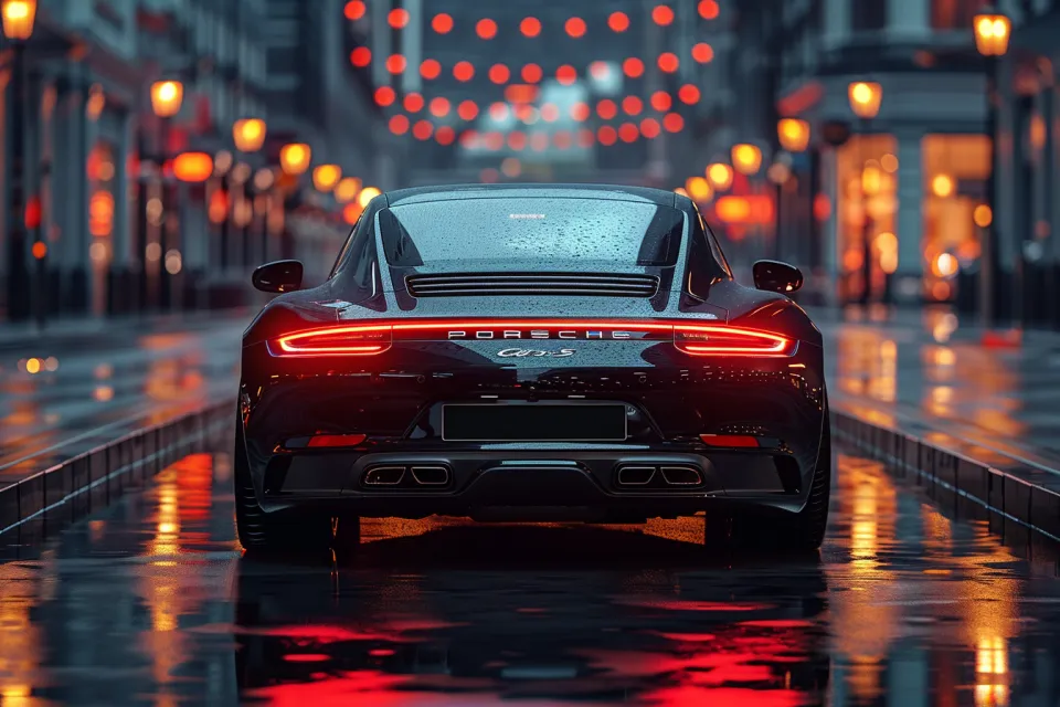 Sports car Porsche in a nighttime cityscape with rain