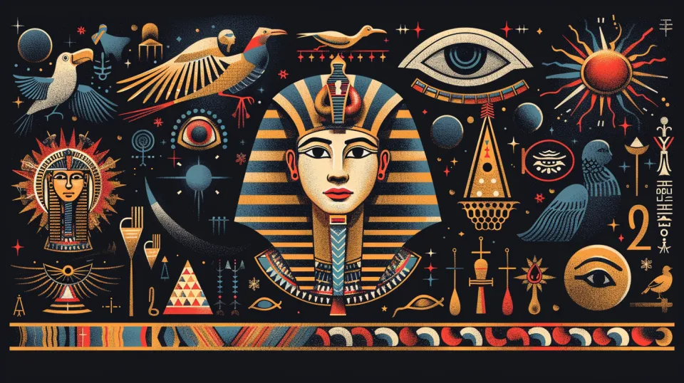Ilustración con símbolos del antiguo Egipto y figuras mitológicas