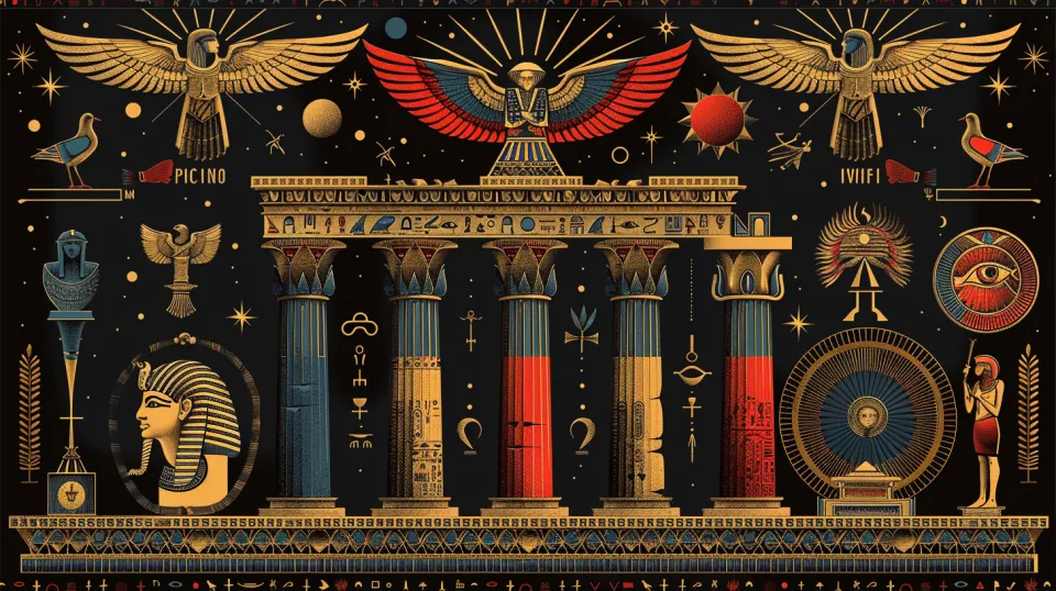 Illustration of ancient Egyptian architecture with numerous symbols and gods.