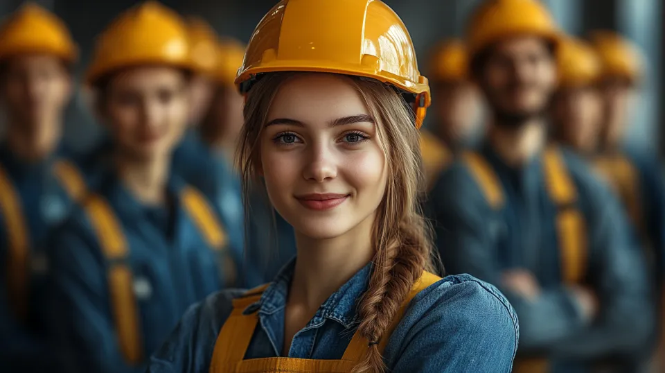 Female Builder with a Helmet in Front of a Team of Specialists