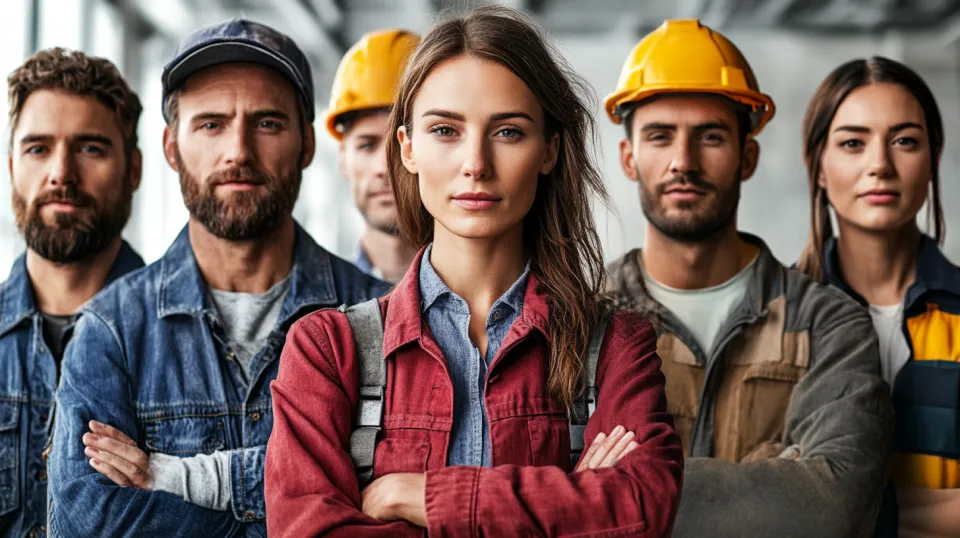 Grupo de jóvenes en ropa de trabajo en una obra de construcción