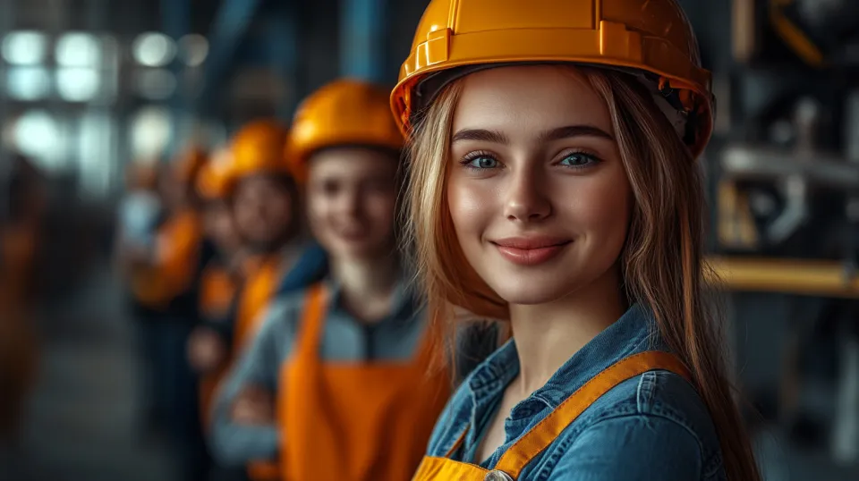 A young woman smiling in a helmet and orange vest with other workers in the background