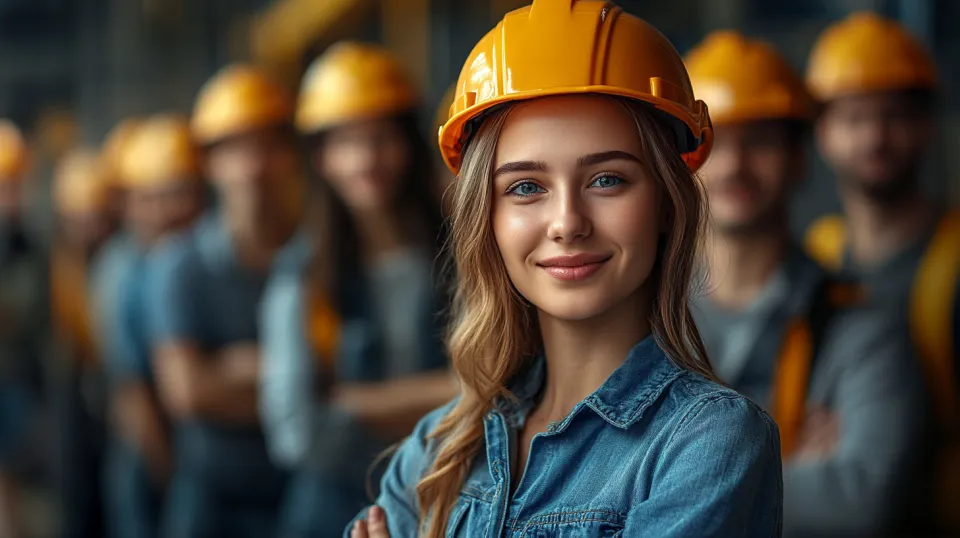 Young Woman Smiling in Front of a Construction Team
