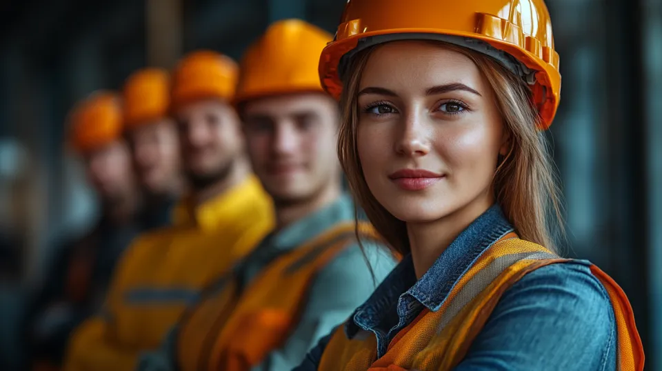 A group of builders in helmets and work clothes against a construction backdrop