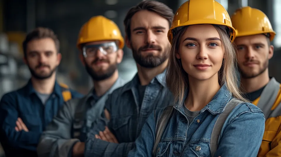 Four men and one woman in hard hats on a construction site