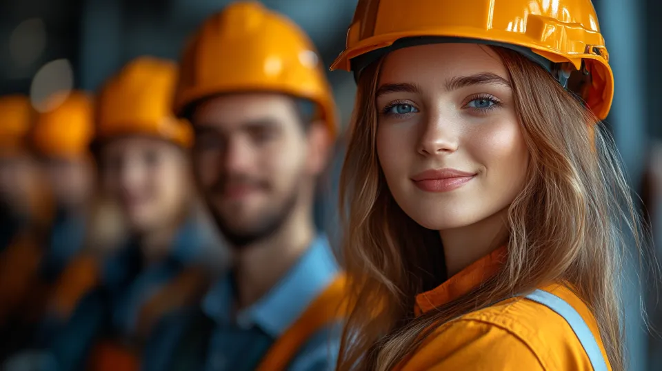 Group of construction workers in helmets and uniforms at the job site