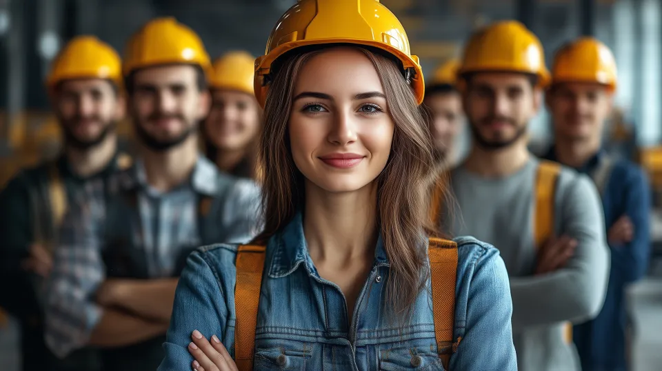 Grupo de hombres y mujeres en ropa de construcción con cascos de seguridad frente a un sitio de construcción