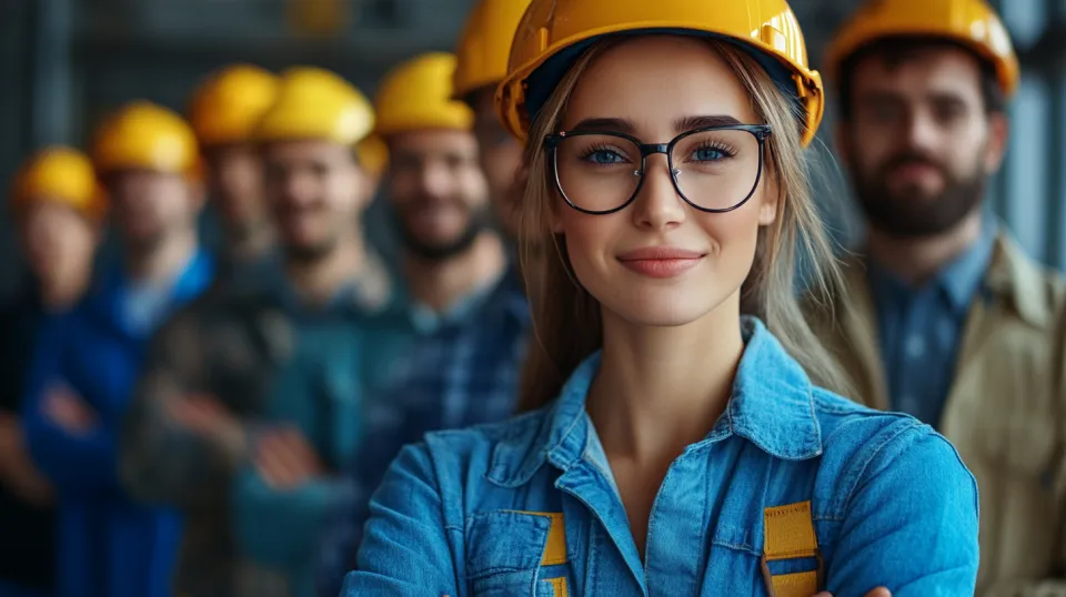 Mujer constructora con gafas y casco frente a hombres con uniforme de construcción