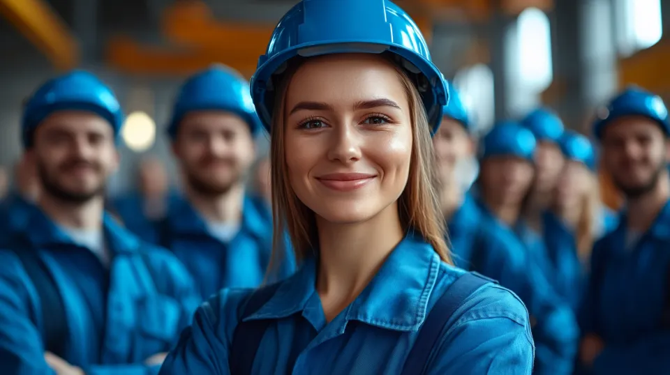 Builders in protective clothing and helmets standing against the background of a construction site