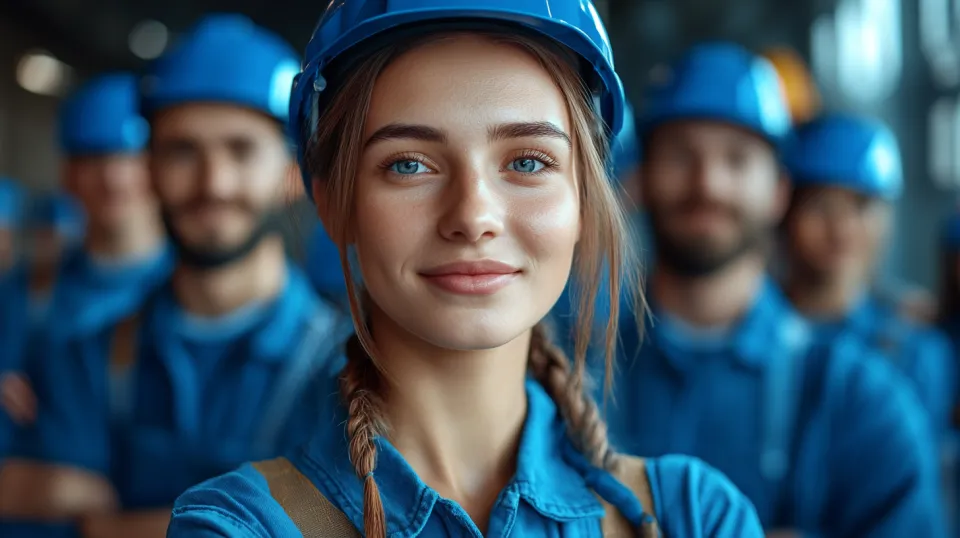 См smiling молодая женщина на фоне группы рабочих в касках