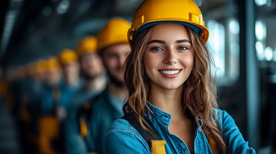Young woman and colleagues wearing safety helmets at a construction site