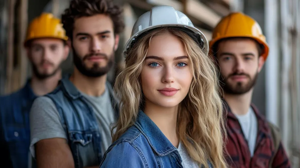 Four young people in hard hats against the backdrop of a construction site