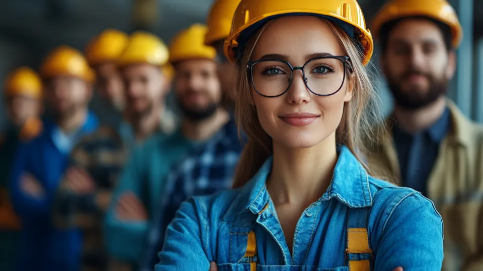 Young woman and men in hard hats in the background