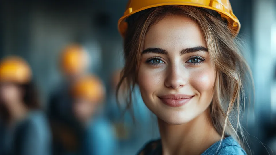 Young woman with a beautiful bright smile in a yellow hard hat