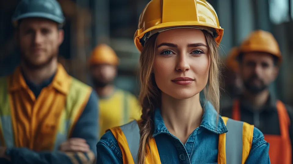 Group of construction workers wearing hard hats against a backdrop of building materials