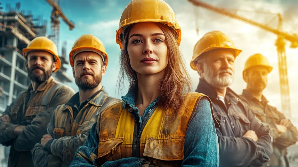 Equipo de construcción con cascos amarillos en el sitio de construcción