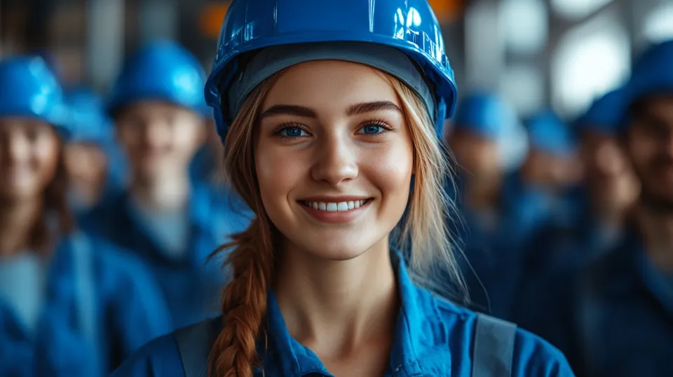 Retrato de una joven mujer con casco y ropa de trabajo entre empleados