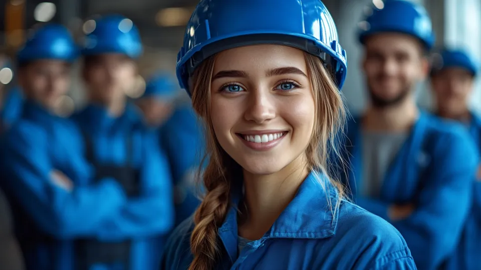 Woman in helmet and workwear against the backdrop of colleagues