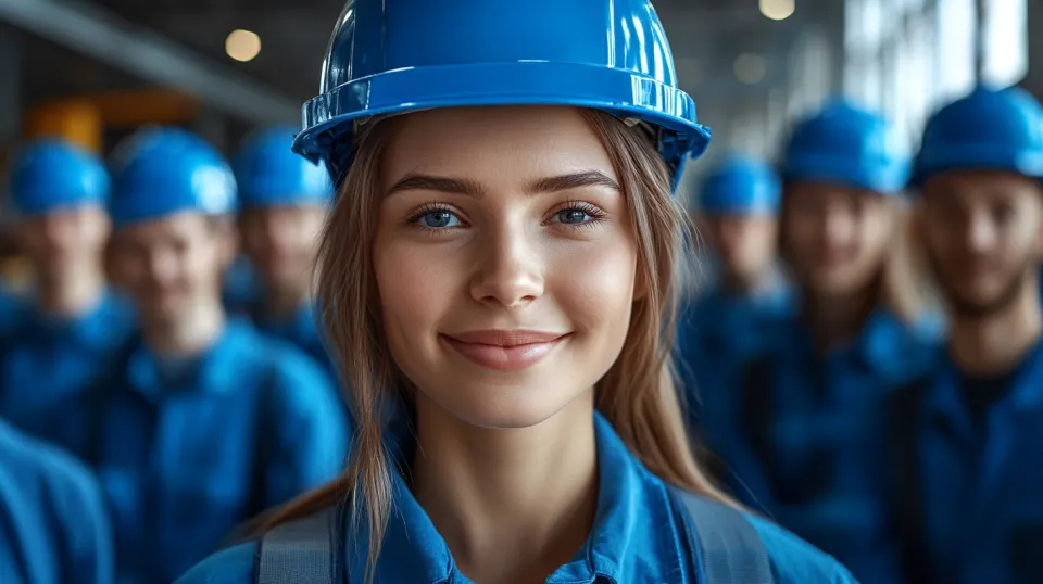 Smiling girl in a blue jumpsuit and hard hat at a construction site
