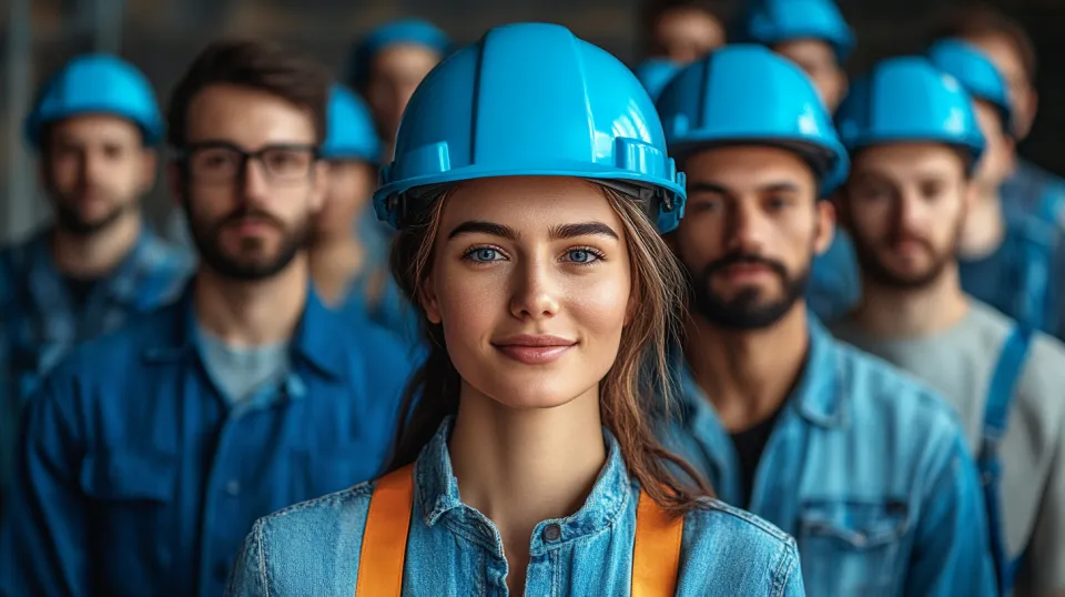 Equipo de construcción con cascos frente a un espacio de trabajo