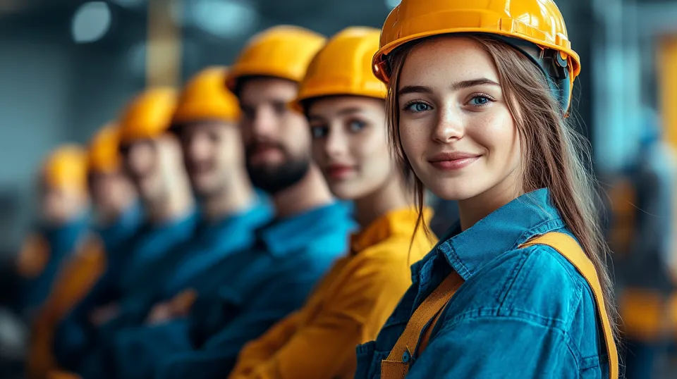 Young people in protective helmets against a backdrop of a work environment