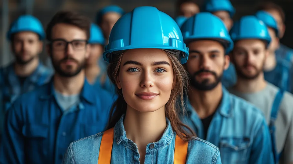 Workers in blue hard hats posing at a construction site