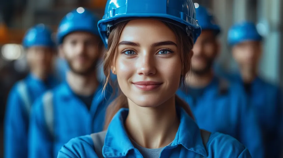 Group of people in blue work clothes and helmets in the background