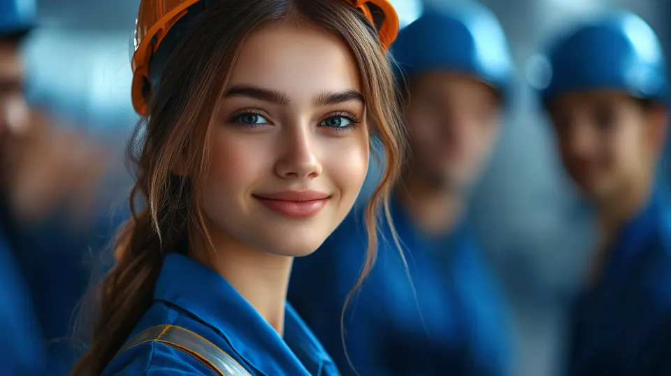Smiling girl in work clothes and a hard hat among builders
