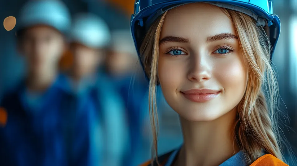 Energetic young woman with a helmet at a construction site