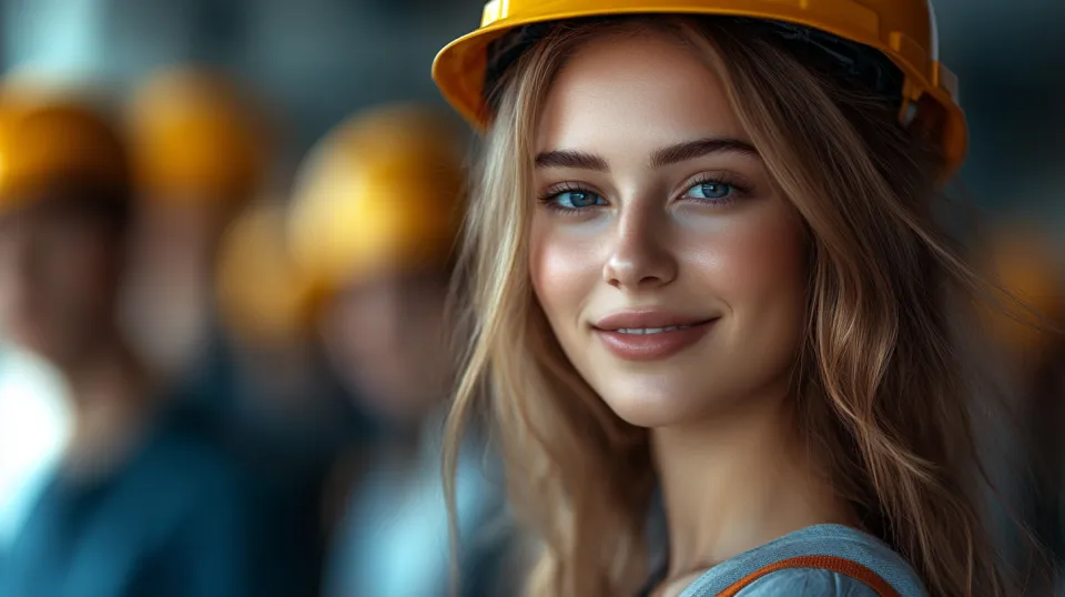 Chica de cabello largo con casco, riéndose frente a un grupo de trabajadores de la construcción