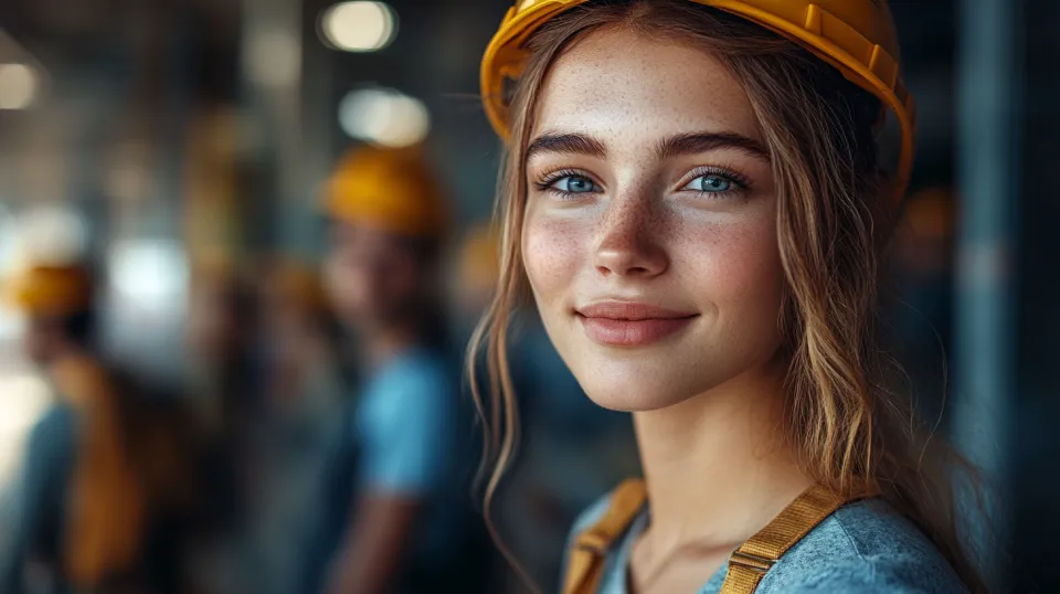 Portrait of a girl in a helmet with bright blue eyes and freckles