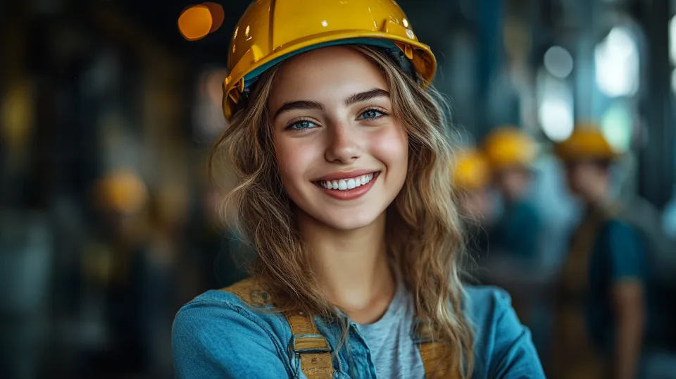 A young woman in a hard hat smiles at a construction site