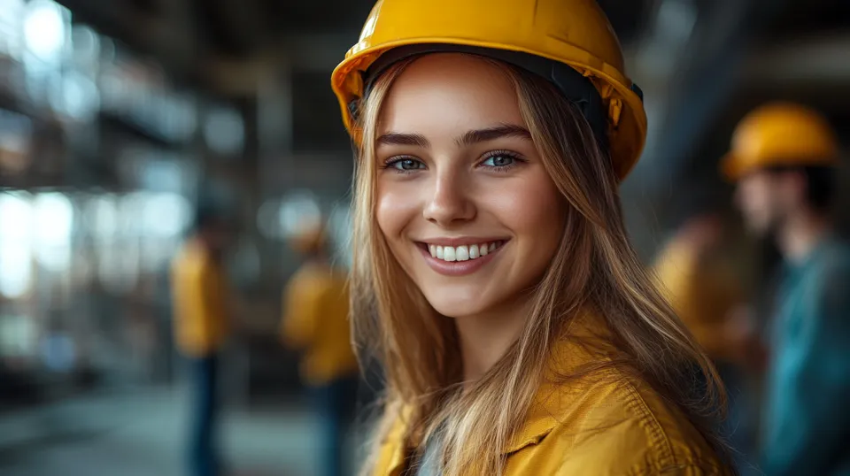 A young woman with blonde hair smiles in a hard hat against the backdrop of her colleagues