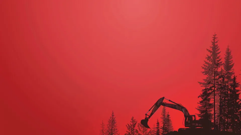 Excavator silhouetted against a bright red sky and trees