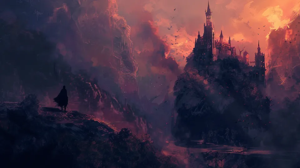 Dark castle on a mountain peak with a bright sunset in the background.