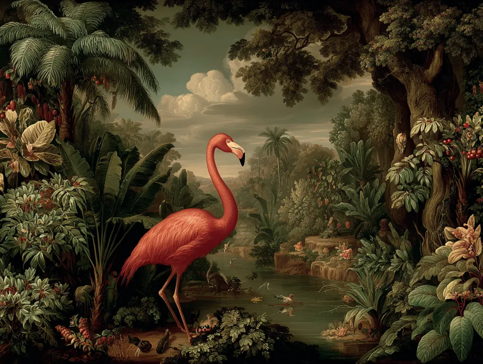 Imagen simbólica de un flamenco entre exuberante vegetación tropical