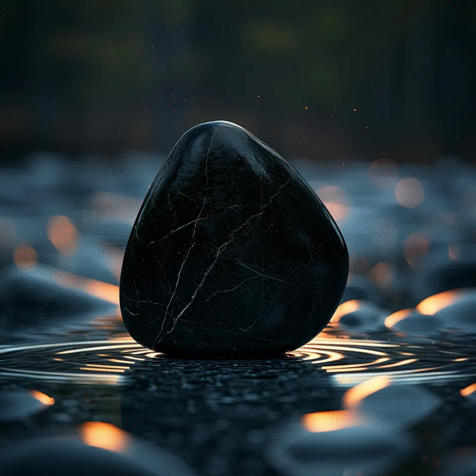 Piedra negra en la superficie del agua con reflejo y destello de luz