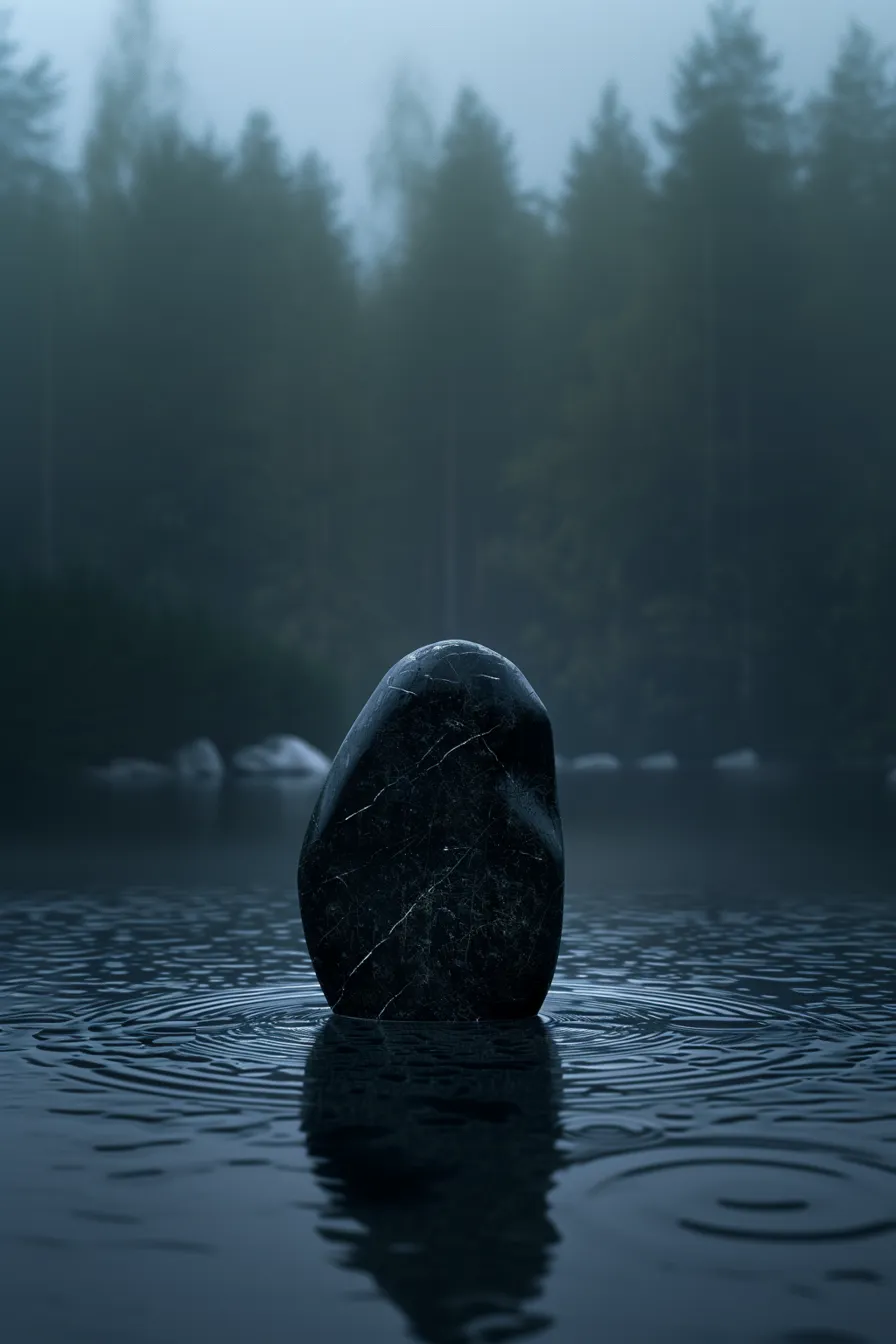 Dark stone on the lake surface in a misty forest setting