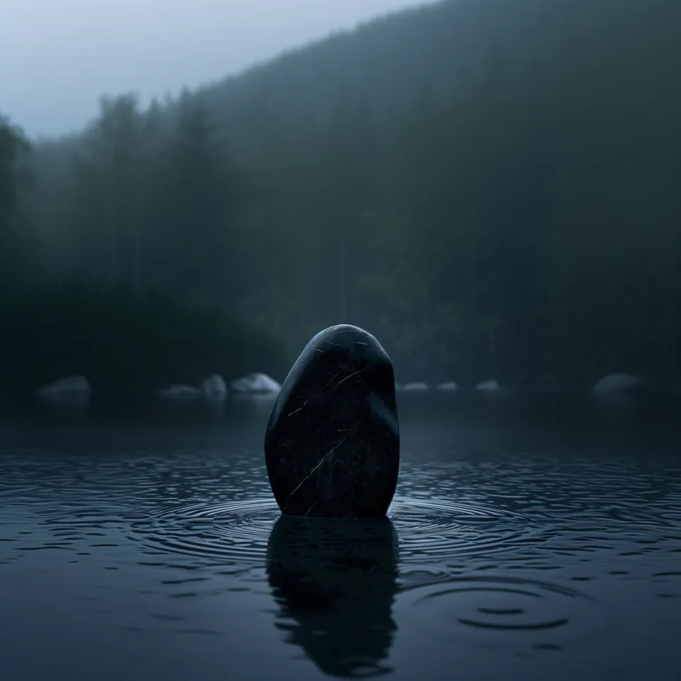 A dark stone on the water surface amid forest in a foggy morning
