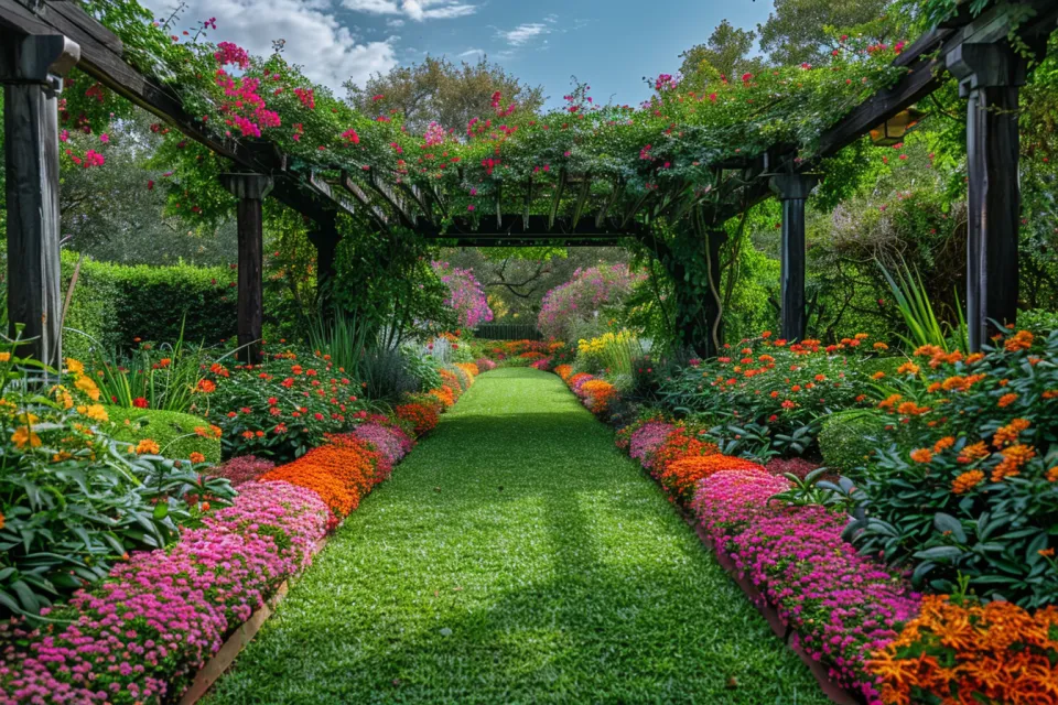 Jardín con diversas flores y un cuidado sendero verde