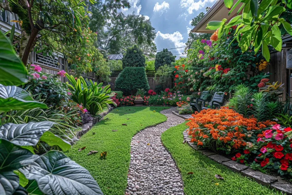 Jardín con césped verde, flores coloridas y un serpenteante camino de piedras