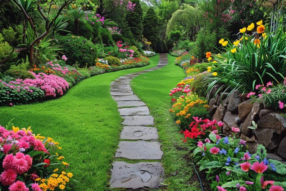 Garden with bright flowers and a winding stone path