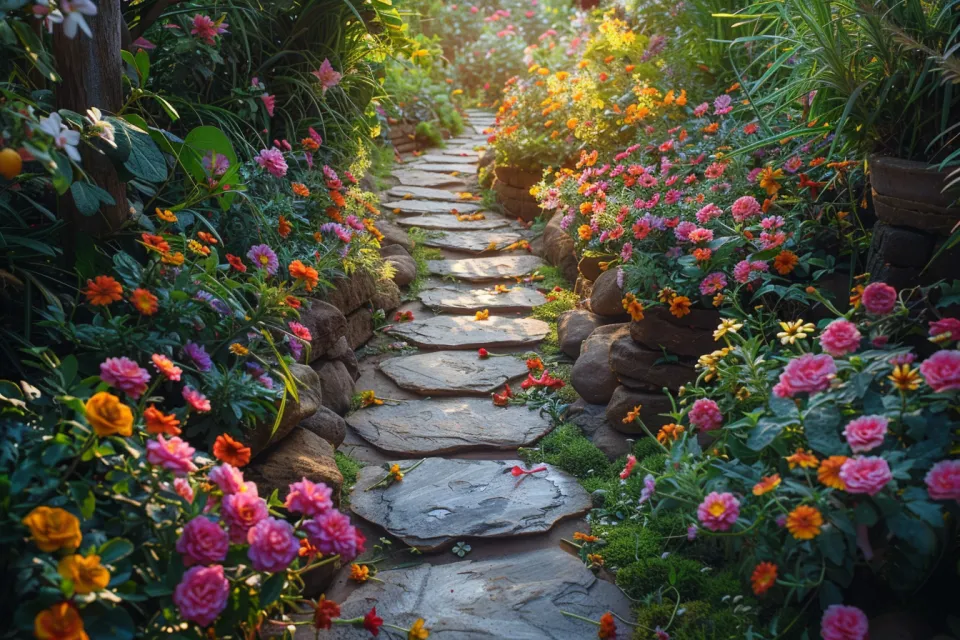 Beautiful stone pathway surrounded by bright flowers in a garden