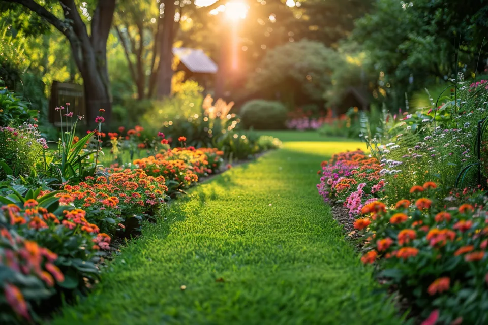 Jardín con flores vibrantes iluminado por los rayos del sol al atardecer