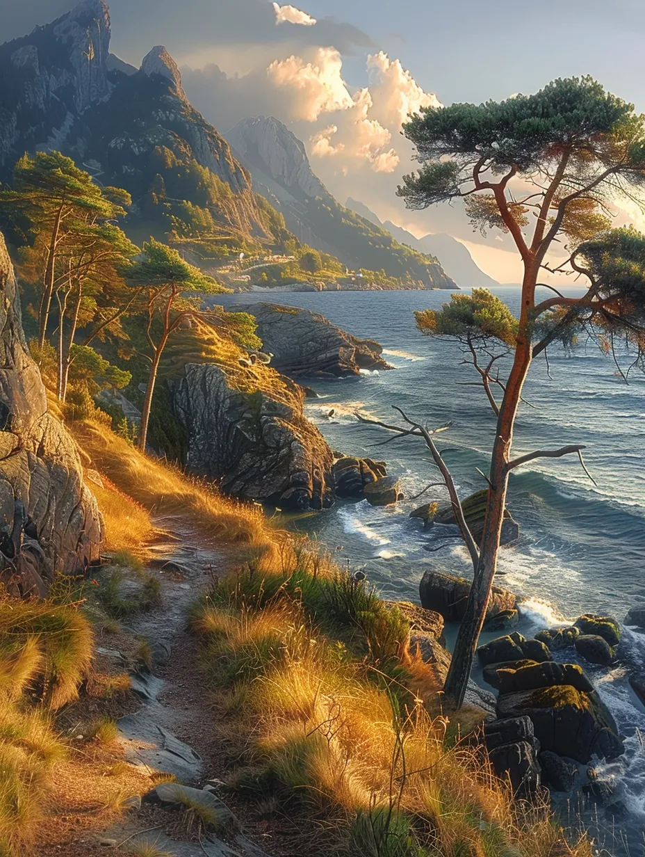 Landscape with Trees, Mountains, and Sea Against the Sunset