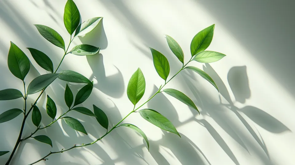 Grouping of Green Leaves with Long Shadows on a Light Background