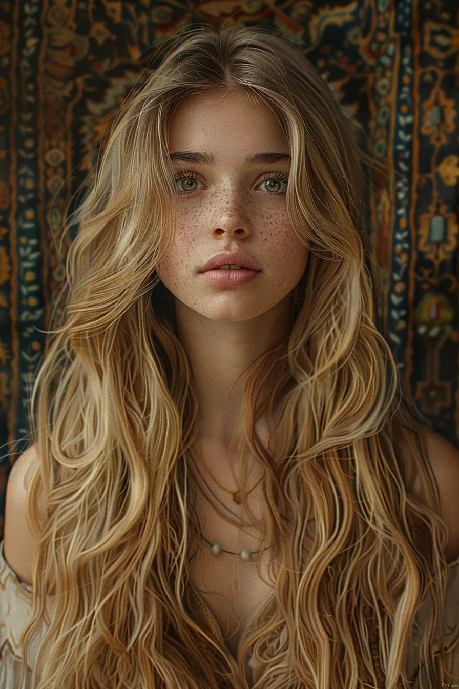 Beautiful girl with long hair and freckles against a patterned fabric background