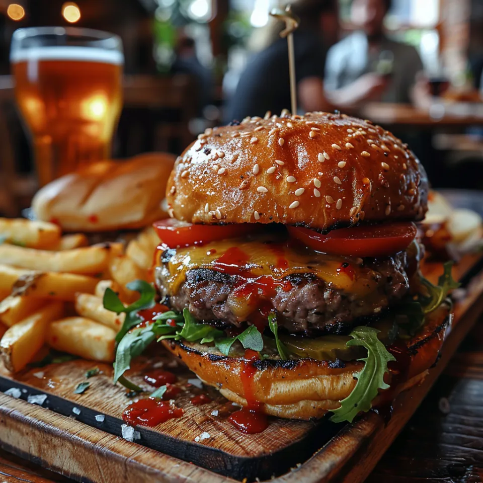 Hamburguesa apetitosa con tomates y queso, papas fritas y un vaso de cerveza en el restaurante