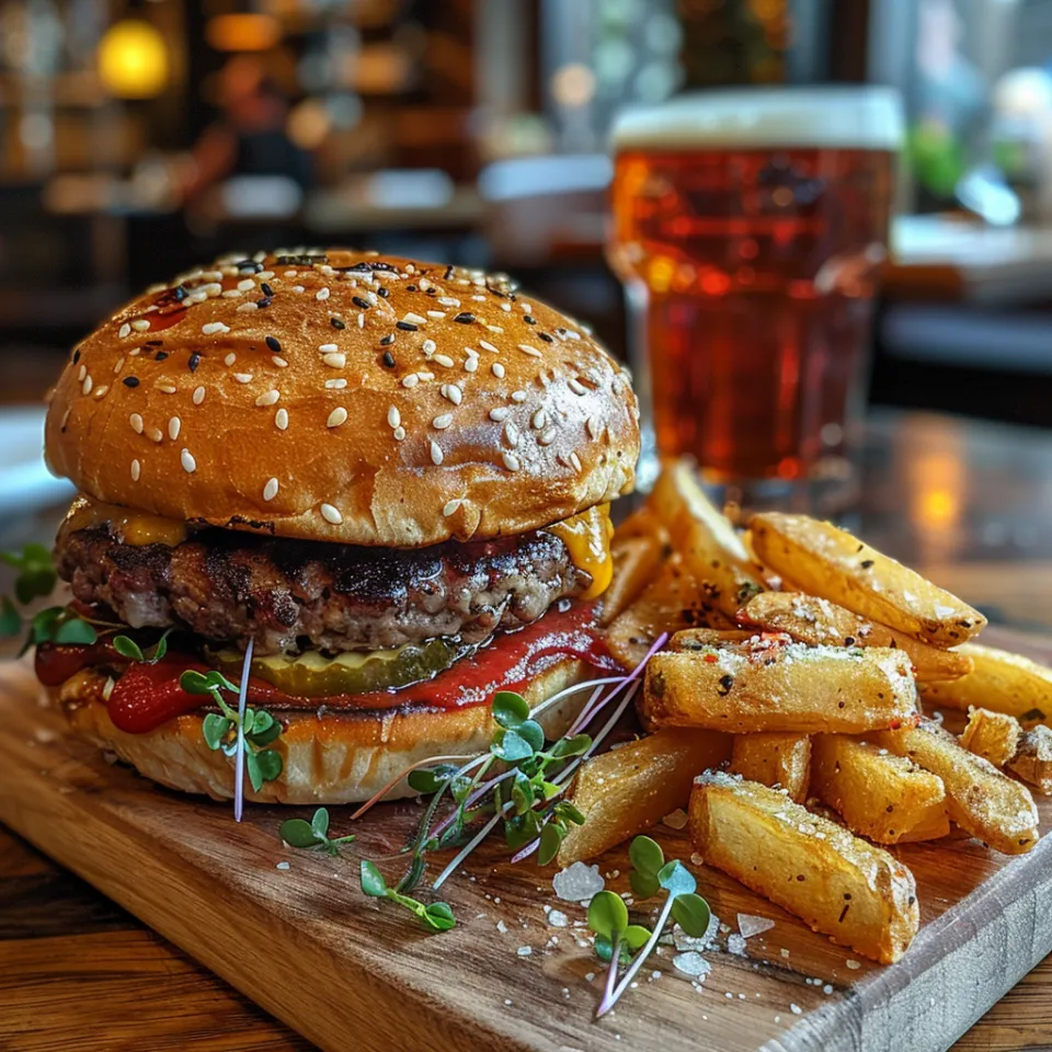 Hamburguesa con carne y verduras de fondo de un vaso de cerveza y papas fritas
