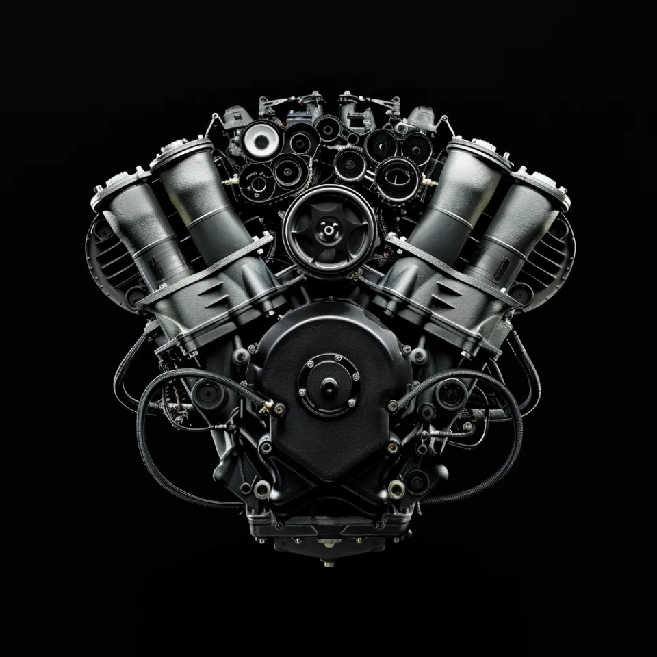 Detailed image of a car engine from different angles on a black background
